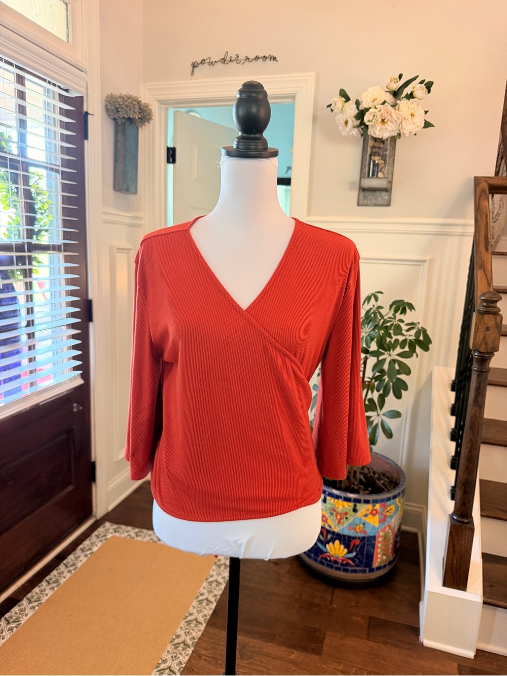 Lauren James NWOT Rust Ribbed Wrap-Style Top with Bell Sleeves